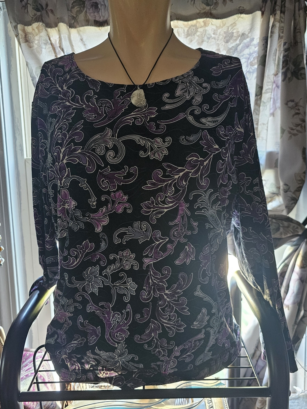 JM Collection Black Top with Purple Scroll Floral Print(180)